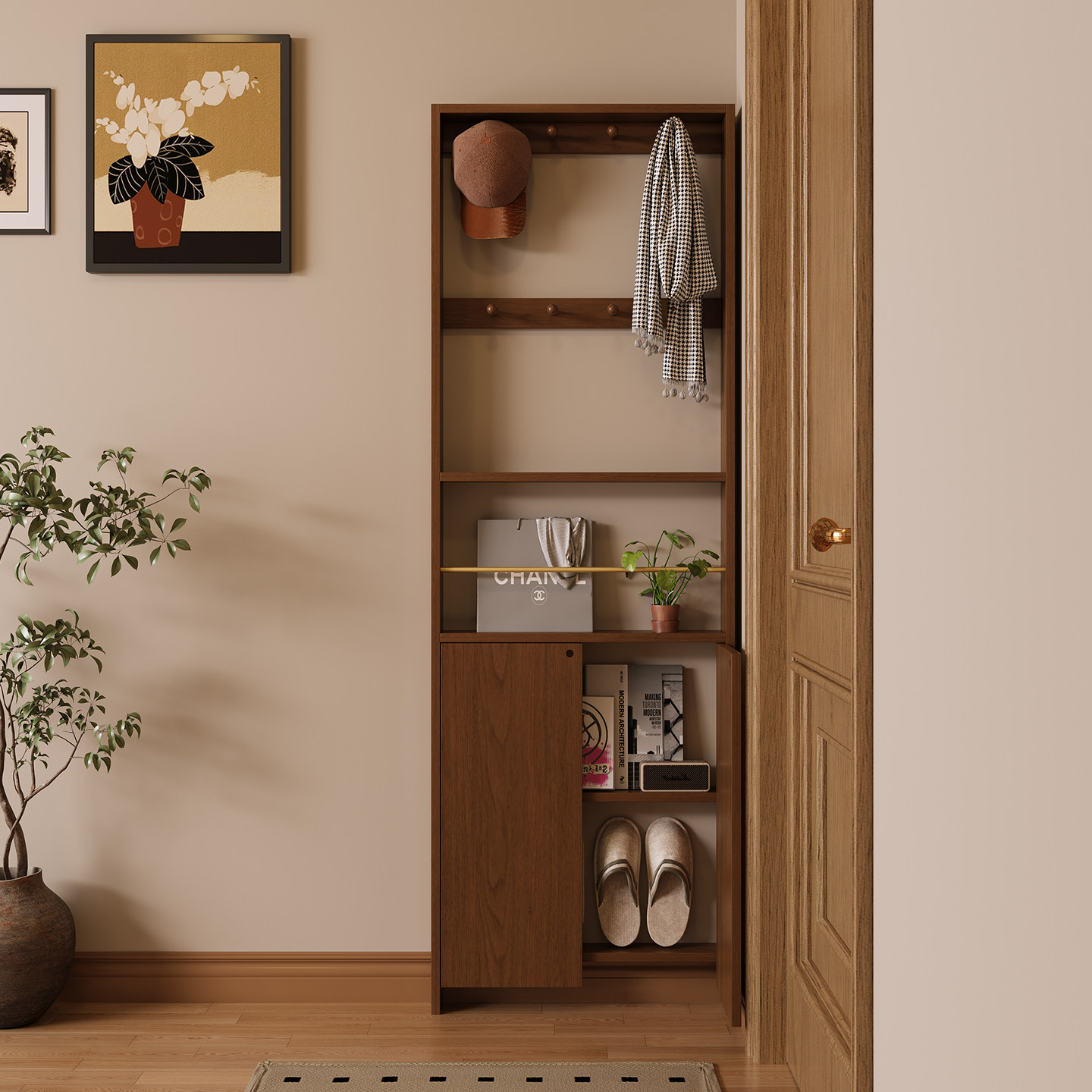 黑胡桃木色窄款门后置物架收纳柜衣帽一体落地入户家用玄关柜书架