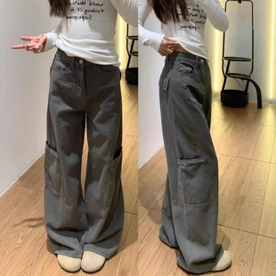 大碼 美式 胖mm寬松梨型身材拖地 新款 女春季 深灰色闊腿工裝 褲