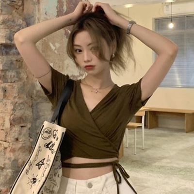 短款抽绳露脐短袖T恤女小众