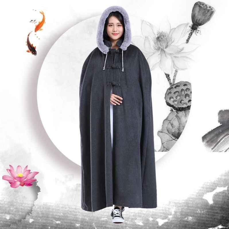 新款毛领僧人毛绒打坐披风僧服双层加厚禅修披风居士服僧服冬打坐