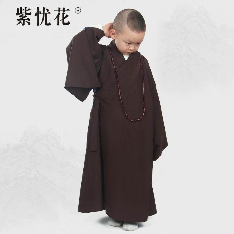 紫忧花咖啡色海青居士服儿童小孩海清男女同款夏季小和尚僧服袈裟