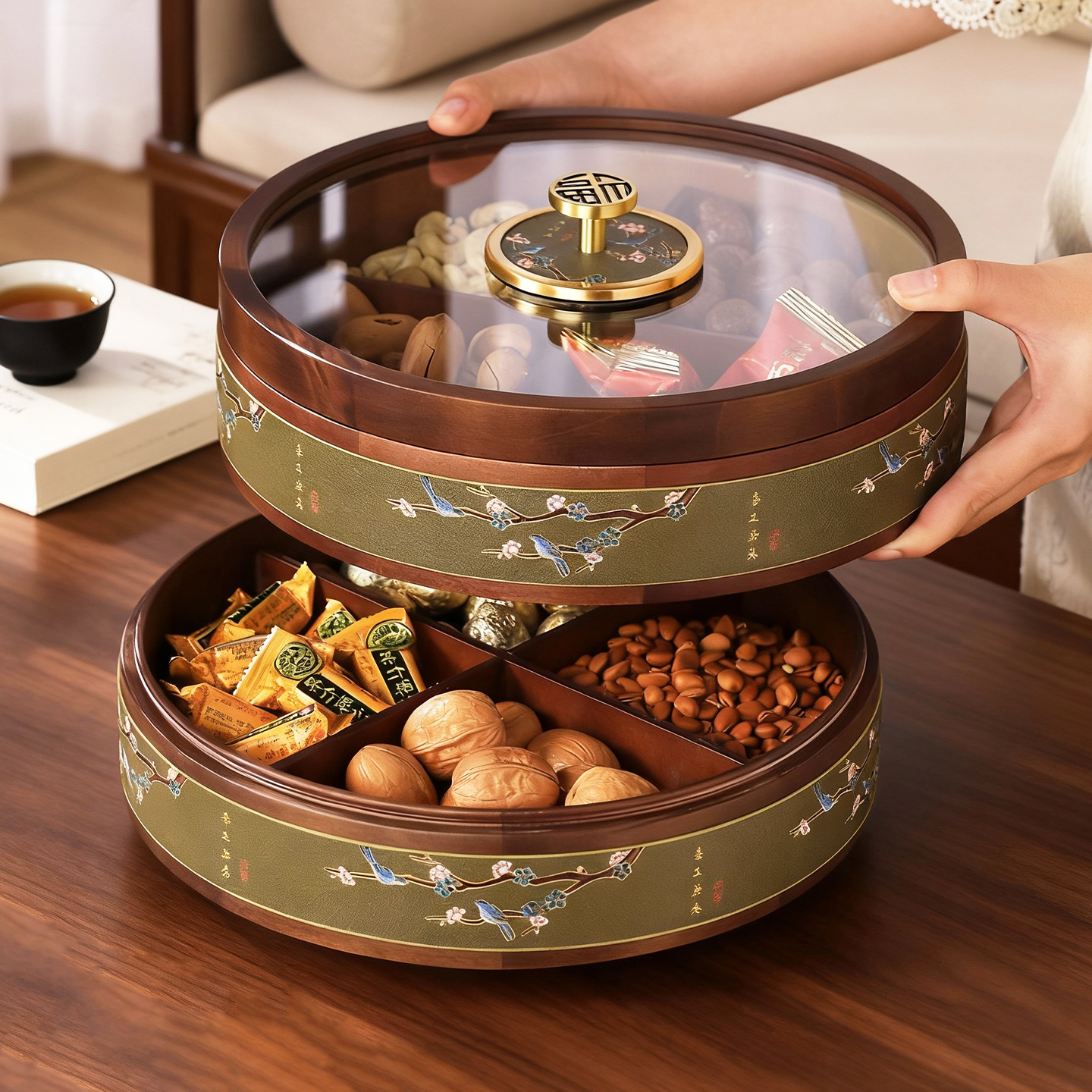 新中式高档实木皮革干果盒家用客厅收纳盒创意糖果零食精致坚果盘