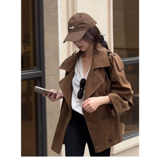 韩系复古宽松休闲大衣 棕色设计感立领麂皮小个子外套女2025秋新款