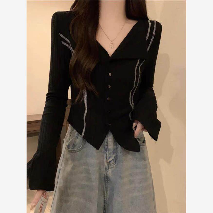 大码胖mm300斤欧货不规则正肩长袖T恤女早秋显瘦别致短款辣妹上衣