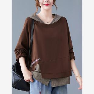妇女运动多功能长袖 肥胖女孩拼接连帽运动衫 宽松休闲上衣 春季