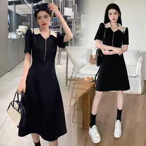 2025夏季新款大码女装polo领小众设计感撞色收腰胖妹妹显瘦连衣裙