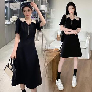 2025夏季新款大码女装polo领小众设计感撞色收腰胖妹妹显瘦连衣裙