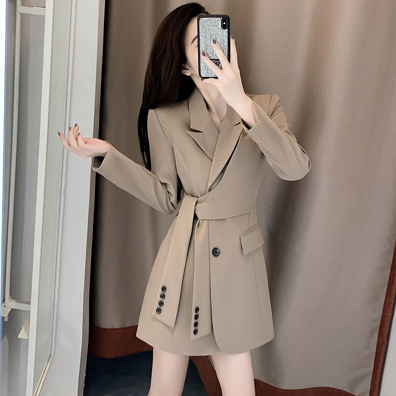 春秋季小个子长袖连衣裙女设计感双排扣系带收腰显瘦女神范西装裙