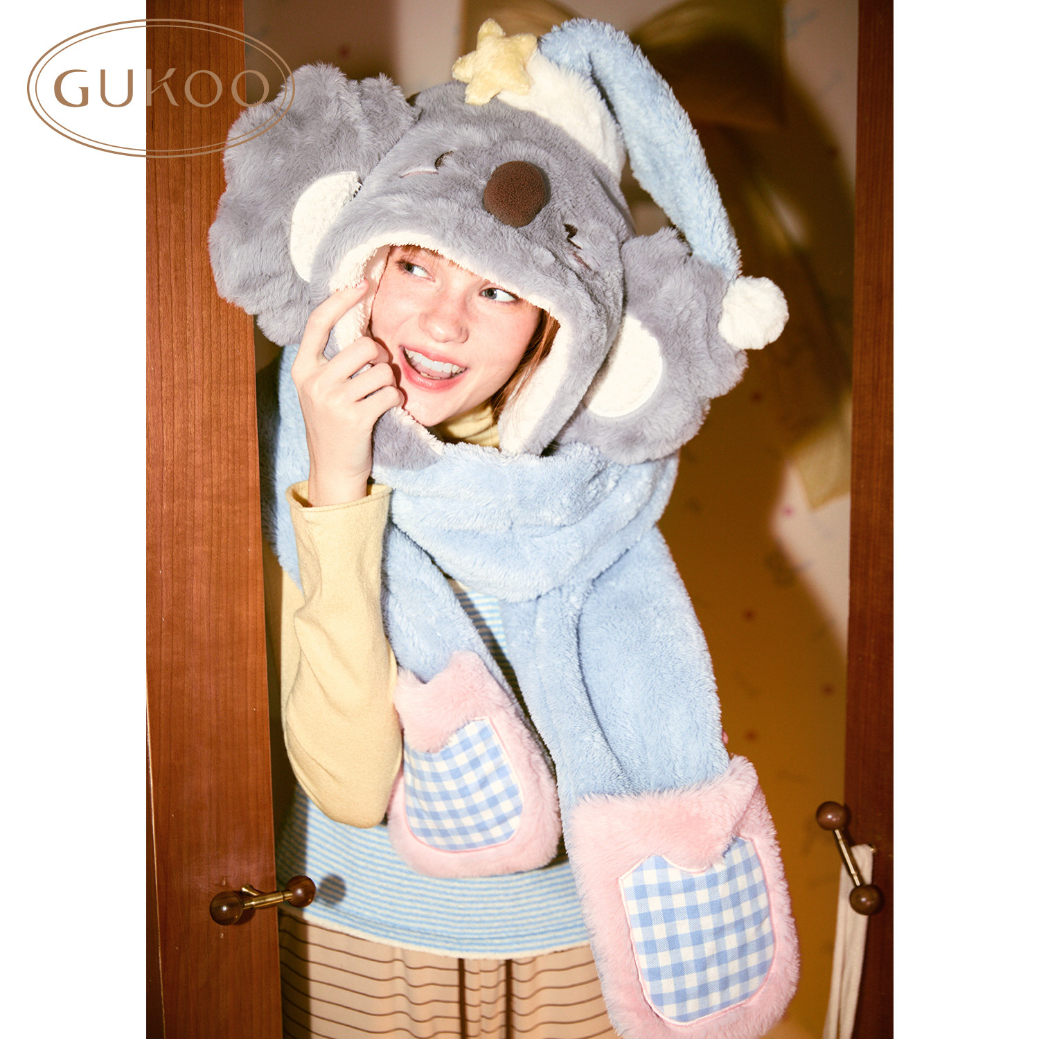 果壳帽子女冬季毛绒考拉系列可爱帽子围巾手套一体三合一帽子