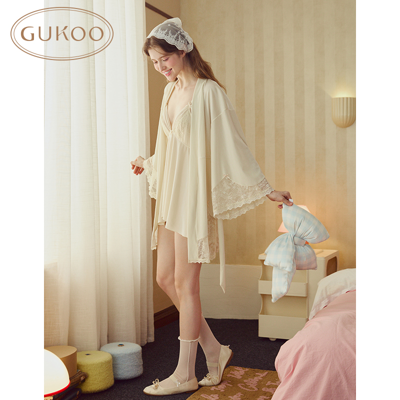 Gukoo/果壳睡衣女冬款蕾丝蝴蝶结性感吊带睡袍家居服