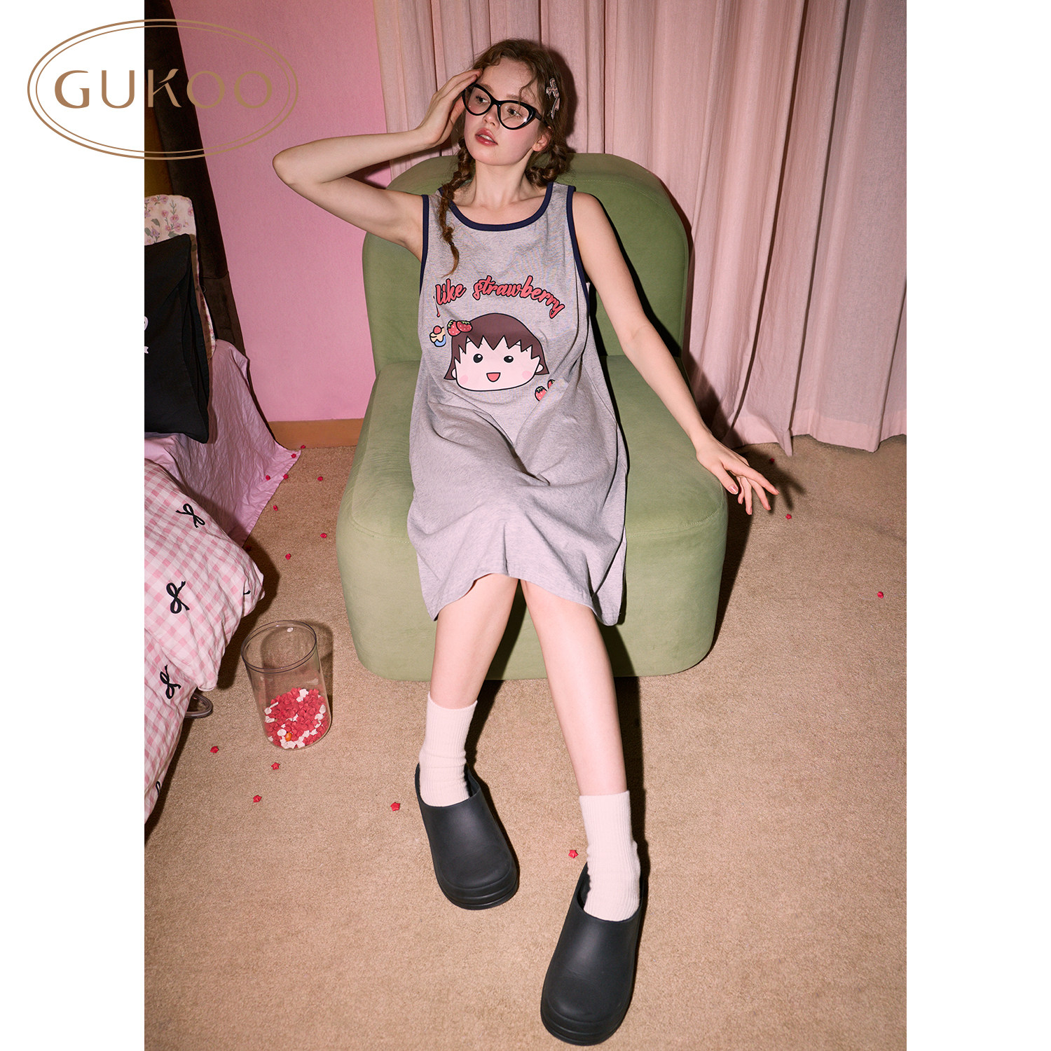 Gukoo/果壳【免穿文胸含胸垫】睡衣女夏樱桃小丸子联名纯棉睡裙