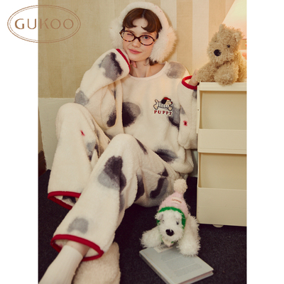 Gukoo/果壳睡衣女冬款加绒轰轰小狗水墨满印家居服套装