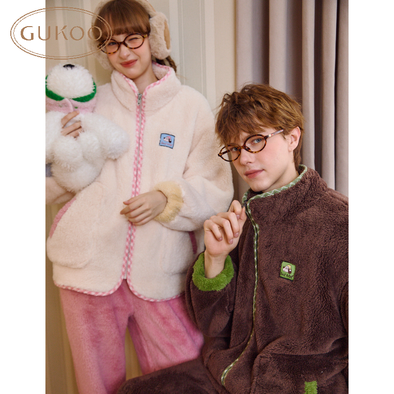 Gukoo/果壳睡衣女冬款史努比联名加绒情侣睡衣外套可外穿家居服