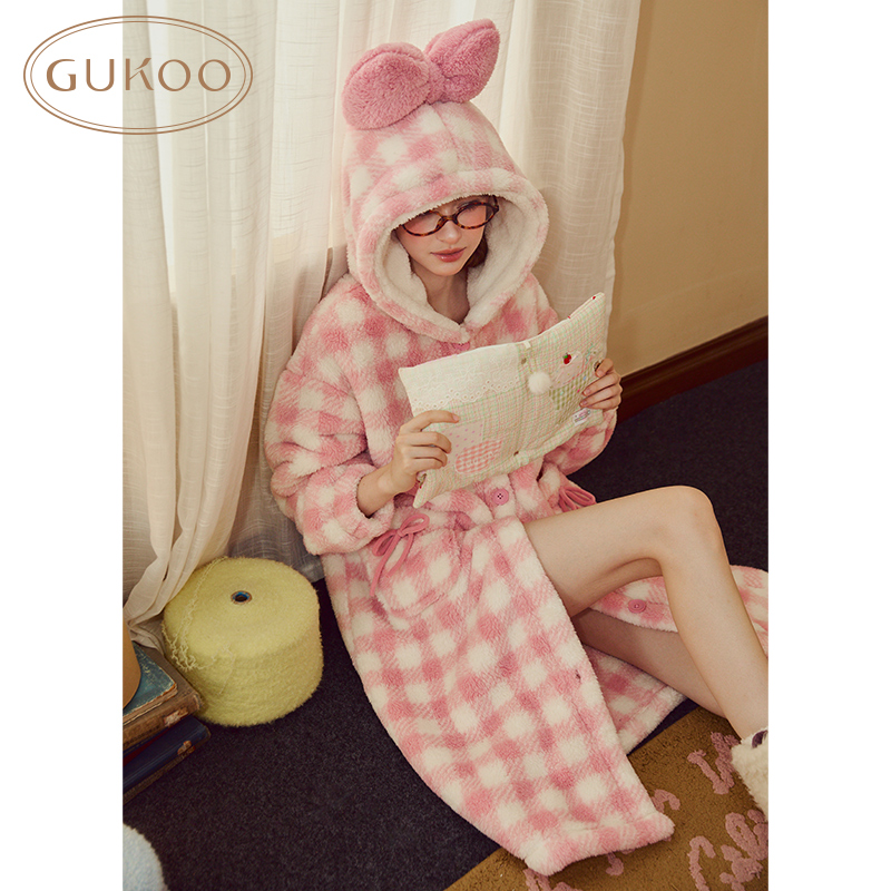 Gukoo/果壳睡衣女冬款蝴蝶结加绒格子连帽睡袍可外穿家居服
