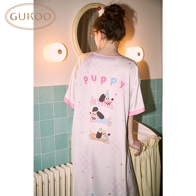 Gukoo/果壳睡衣女夏款轰轰小狗系列冰丝质感短袖家居服睡裙