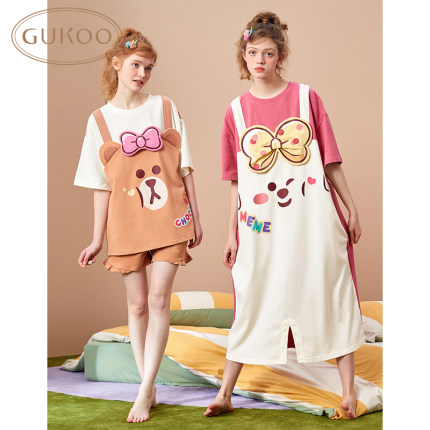 Gukoo/果壳YSO睡衣夏女撞色连体裤T恤家居服套装