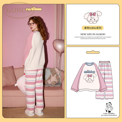 Gukoo/果壳睡衣女冬IP联名雪尼尔半边绒可外穿甜美家居服套装
