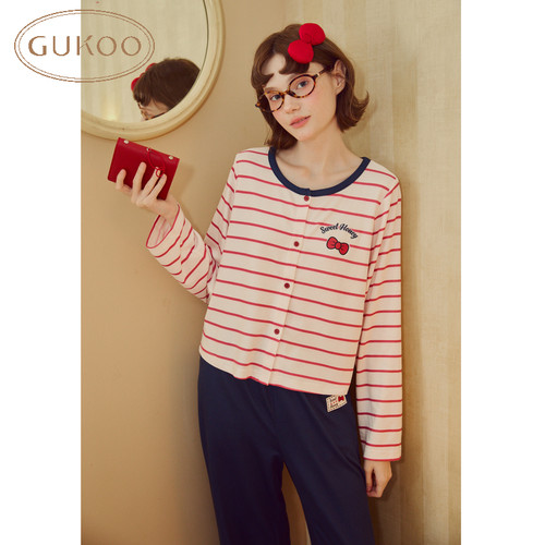 Gukoo/果壳睡衣女春秋款蝴蝶结印花条纹甜美长袖家居服套装