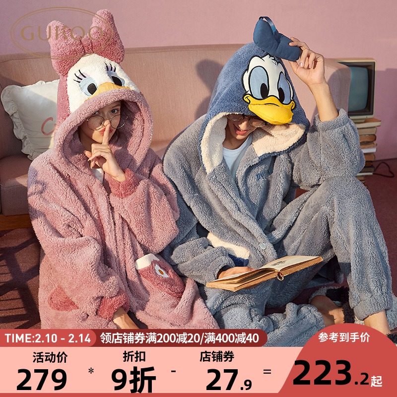 Gukoo/果壳迪士尼情侣睡衣秋冬珊瑚绒睡衣家居服连帽睡衣男居家服
