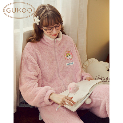Gukoo/果壳睡衣女冬款鲨鱼猫系列纯色毛绒保暖家居服套装