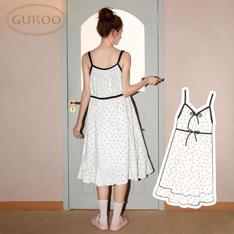 Gukoo/果壳睡衣女夏款纯棉笑脸满印蝴蝶结吊带家居睡裙