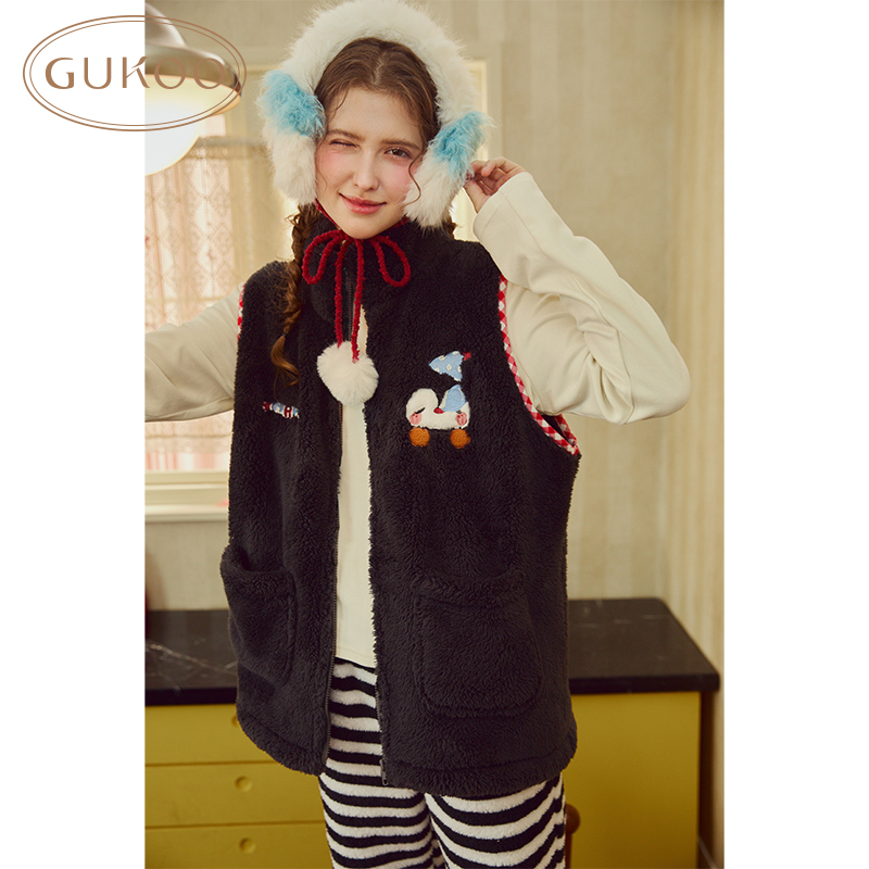 Gukoo/果壳睡衣女冬款加绒企鹅马甲家居服外套