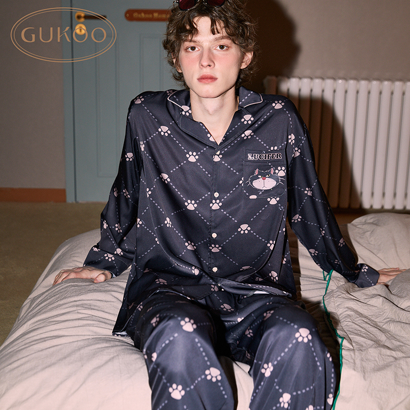 Gukoo/果壳睡衣男春秋款冰丝鲁斯佛系列长袖家居服套装