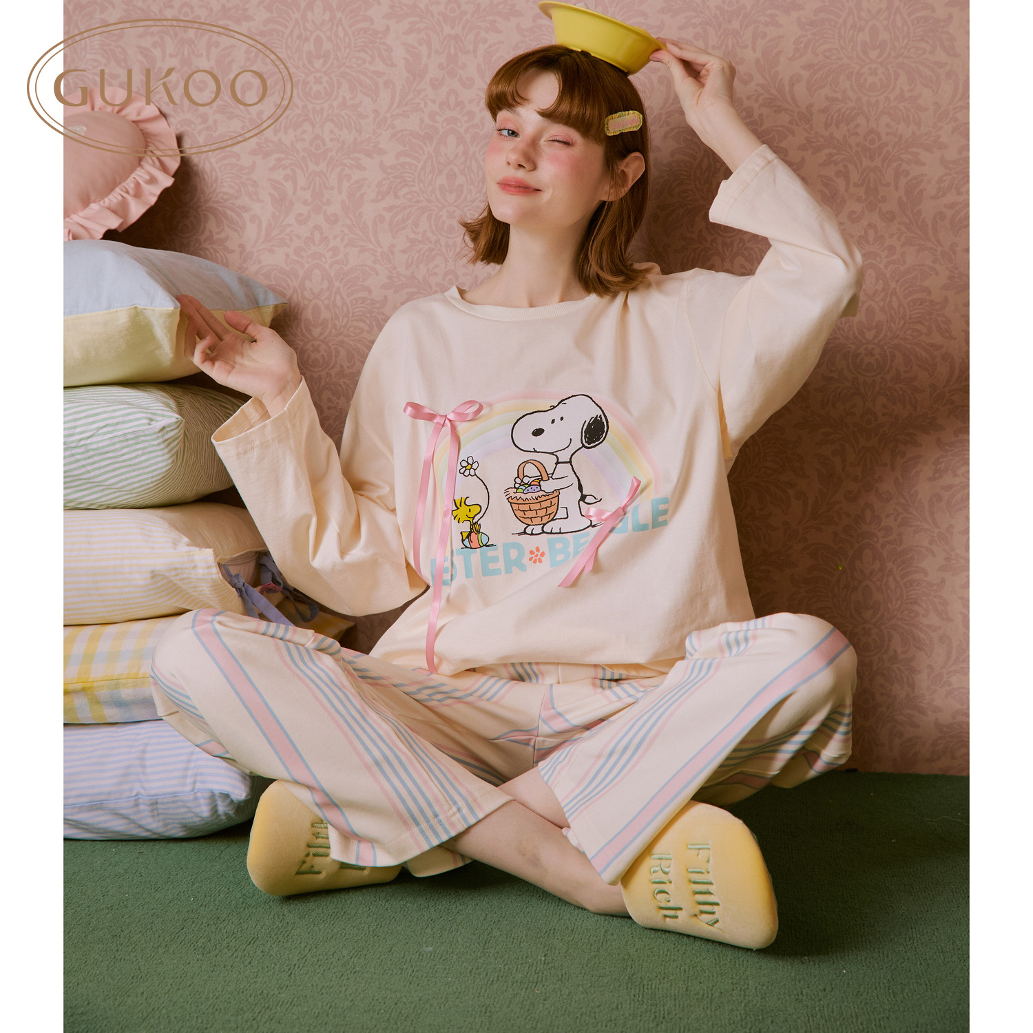 Gukoo/果壳睡衣女春秋长袖史努比系列卡通条纹睡裤居家服套装