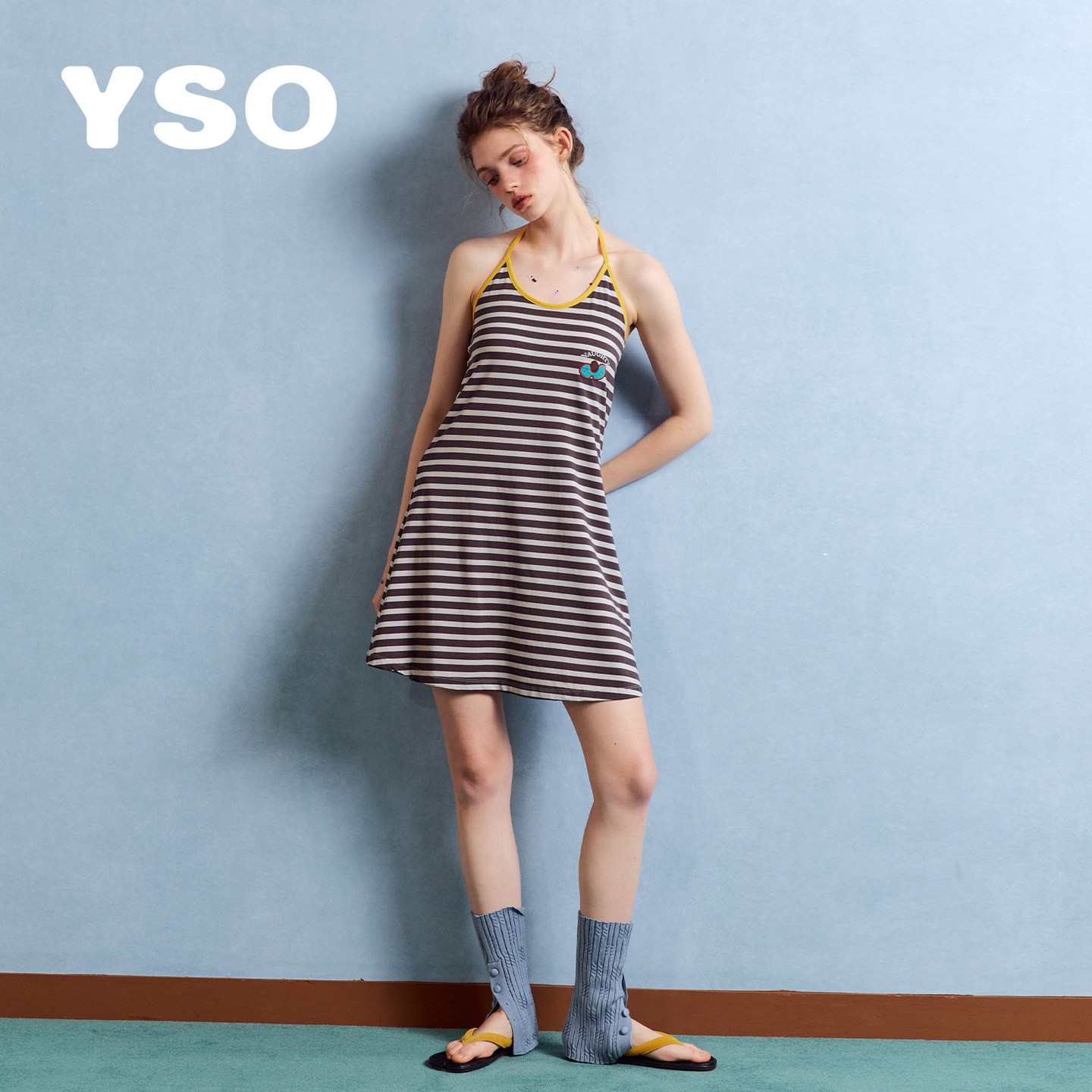 yso【酷猫系列】睡衣女夏季条纹挂脖韩版小清新连衣裙家居服睡裙图片