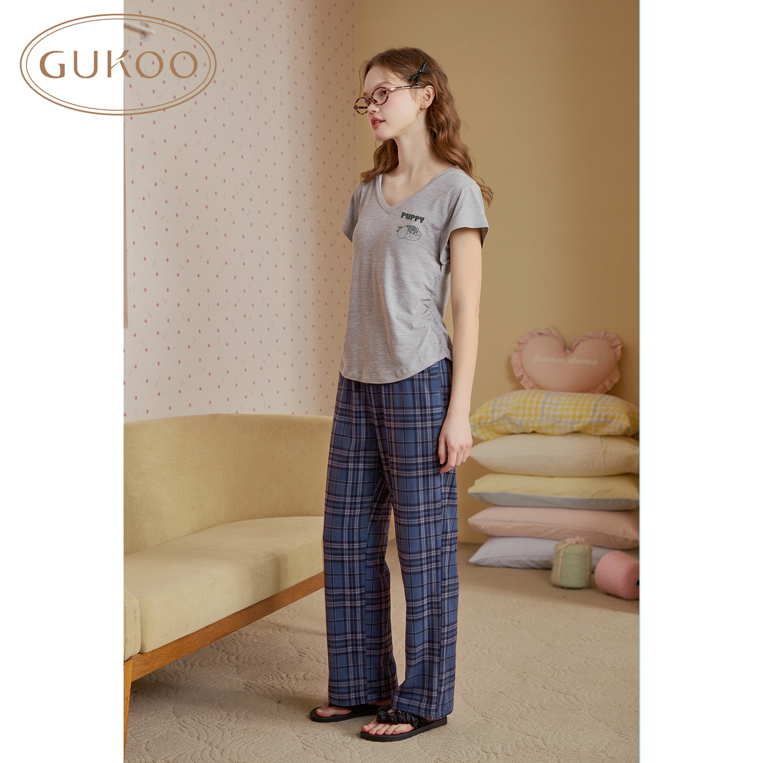 Gukoo/果壳睡衣女春夏舒适居家风格纹短袖长裤套装可外穿家居服图片
