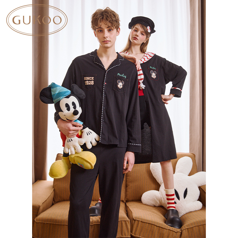 Gukoo/果壳睡衣情侣秋款长袖米奇系列海军领睡裙居家服套装