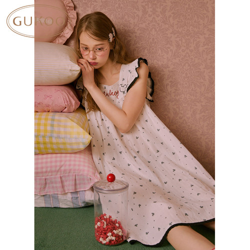 Gukoo/果壳【双层棉纱100%棉】睡衣女夏季米奇家族联名家居服睡裙