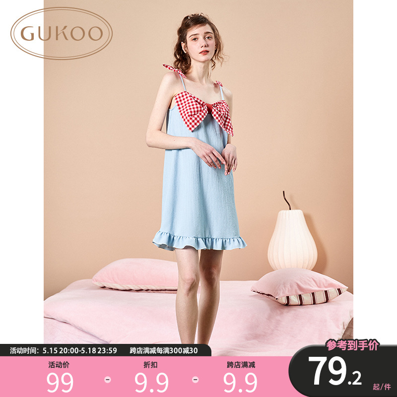 Gukoo/果壳YSO睡衣女夏舒适蓝色蝴蝶结吊带睡裙