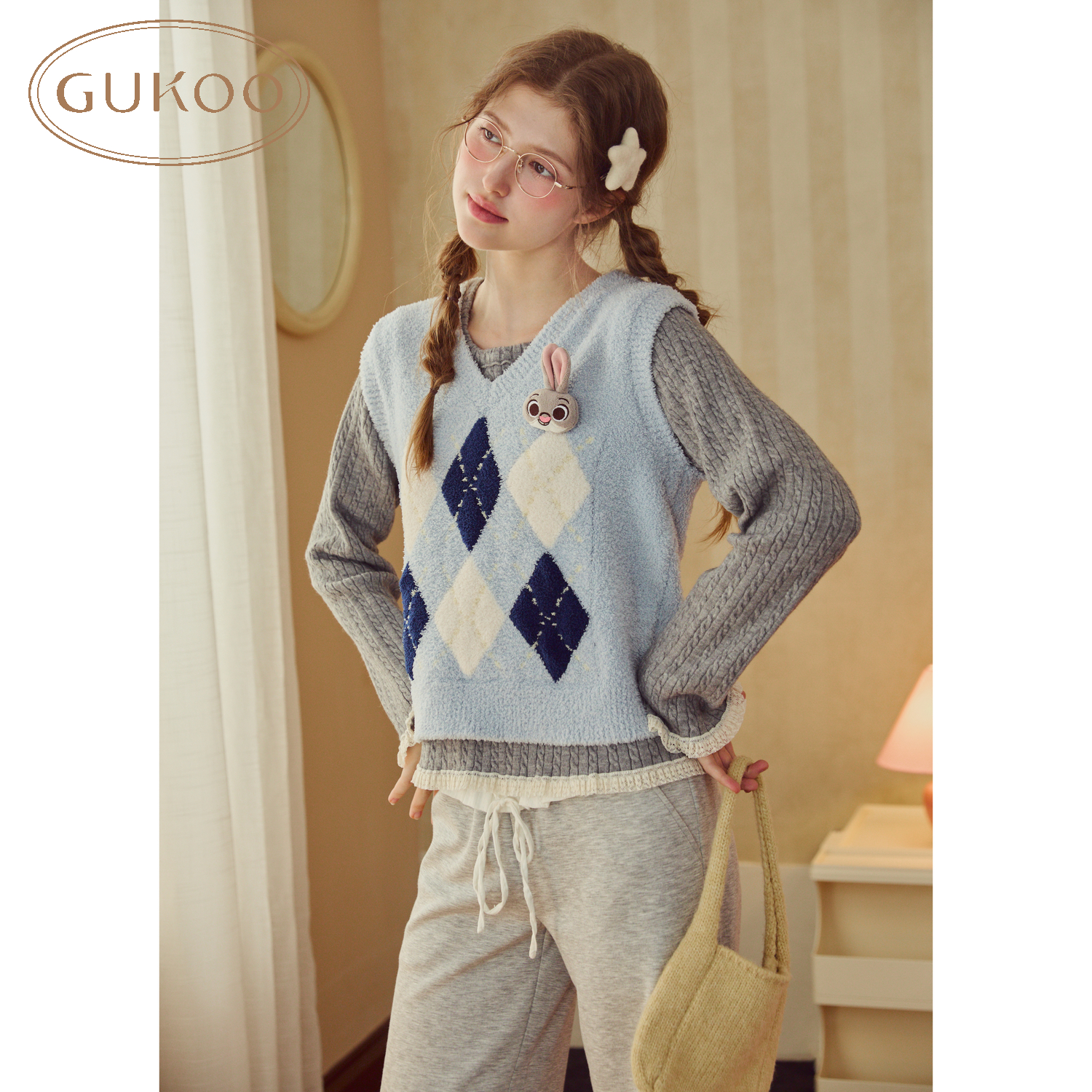 Gukoo/果壳睡衣女冬季疯狂动物系列半边绒菱格纹家居马甲