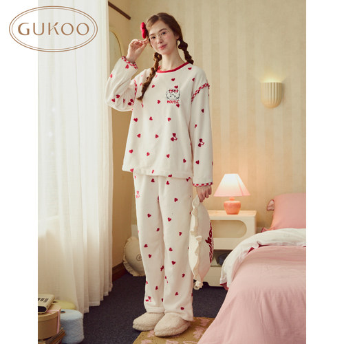 Gukoo/果壳轻红品睡衣女秋冬款mikko系列满印加绒家居服套装