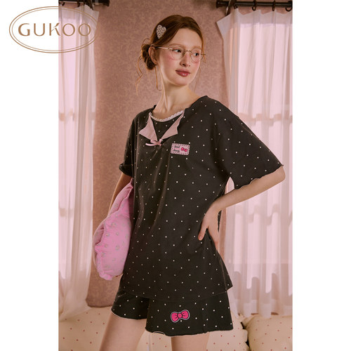 Gukoo/果壳睡衣女夏季甜美波点满印蝴蝶结短裤短袖可外穿家居服