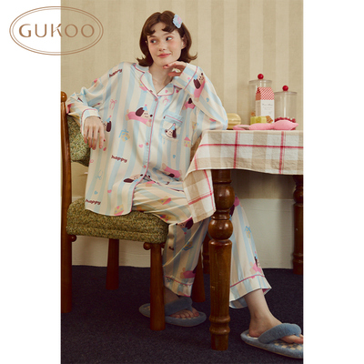 Gukoo/果壳睡衣女春秋款轰轰小狗长袖条纹家居服套装