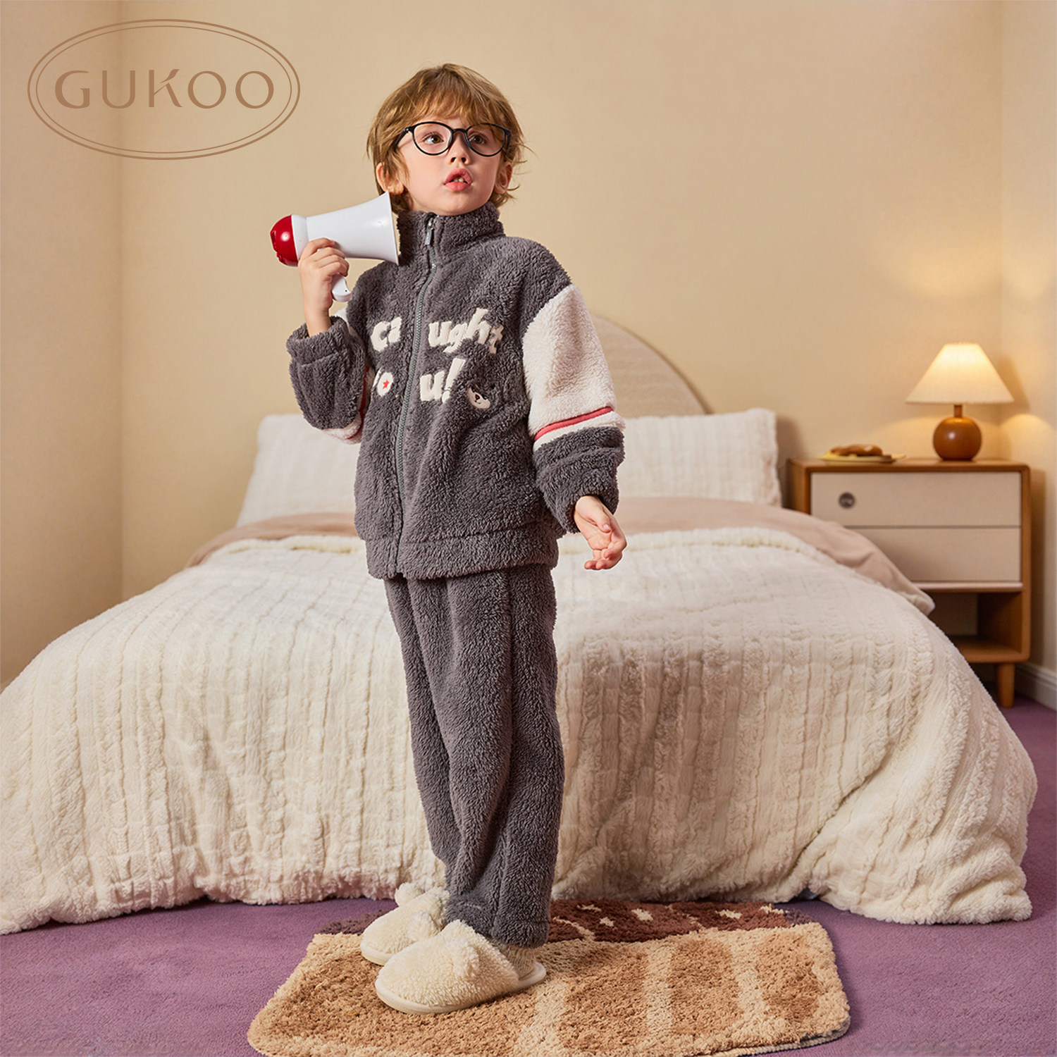 Gukoo/果壳儿童睡衣男秋冬新品立领开衫加绒保暖可外穿家居服套装
