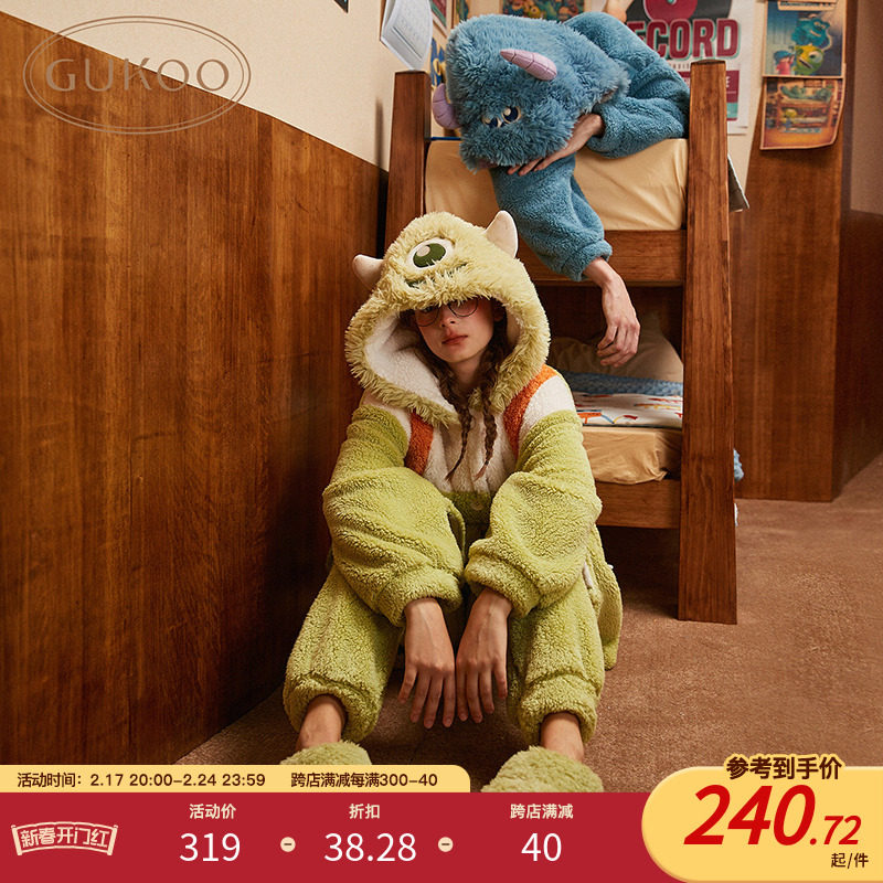 Gukoo/果壳情侣冬款怪兽大学系列连帽卡通保暖可外穿家居服套装