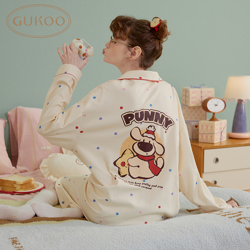 Gukoo/果壳睡衣女春秋款小狗系列长袖开衫家居服睡裙