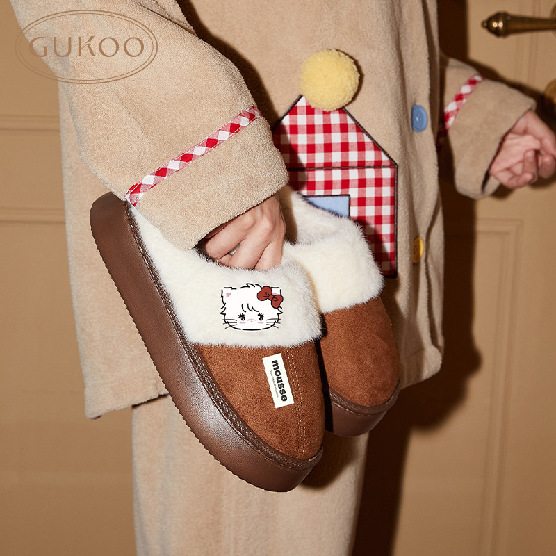 Gukoo/果壳拖鞋女秋冬ip联名厚底加绒可外穿毛毛拖鞋