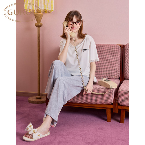 Gukoo/果壳睡衣女夏款短袖休闲简约软糯舒适蕾丝家居服套装可外穿