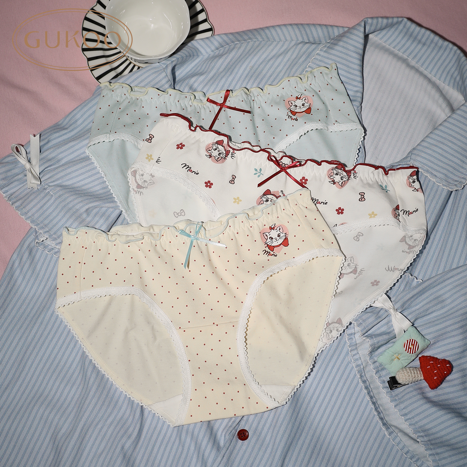 Gukoo/果壳内裤女四季款玛丽猫系列纯棉底档女士内裤三条装