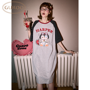 Gukoo/果壳睡衣女夏款卡通企鹅新款可爱纯棉居家睡裙