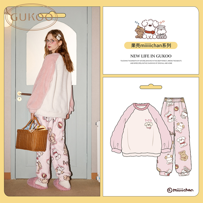 Gukoo/果壳睡衣女秋冬款卡通甜美加绒保暖家居服套装