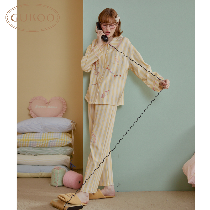 Gukoo/果壳睡衣女春秋款纯棉miiiiiichan系列家居服套装可外穿