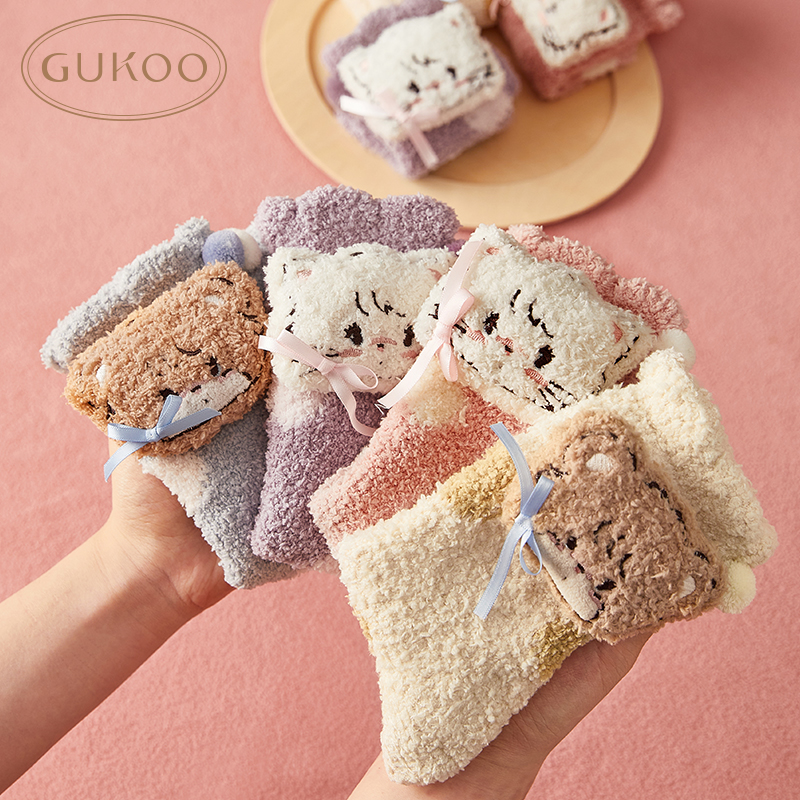 Gukoo/果壳袜子女冬款mikko雪尼尔卡通家居袜保暖可爱中筒袜