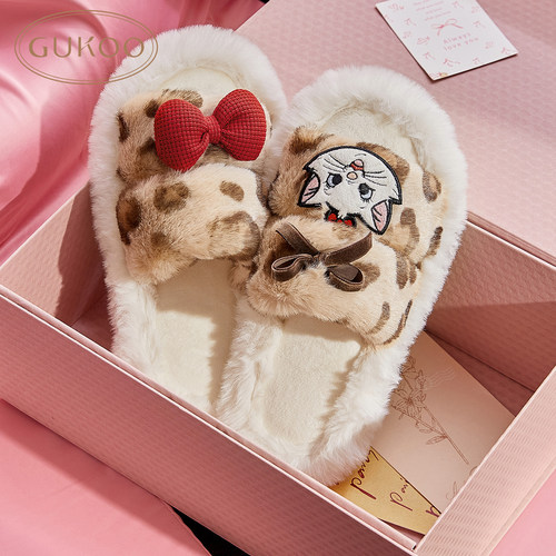 Gukoo/果壳拖鞋女秋冬款玛丽猫联名蝴蝶结豹纹保暖毛绒居家拖鞋