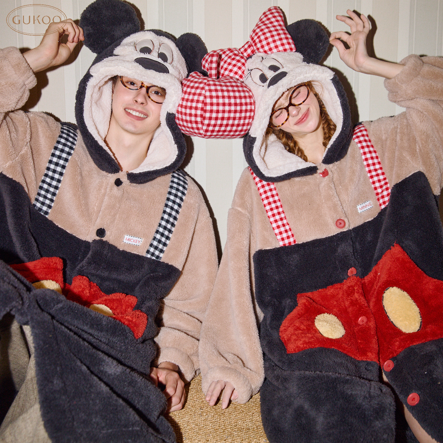 Gukoo/果壳睡衣情侣冬款米奇系列加绒连帽家居服睡袍