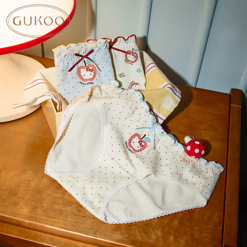 Gukoo/果壳【10A抗菌纯棉裆】内裤女HelloKitty联名卡通印花3条装